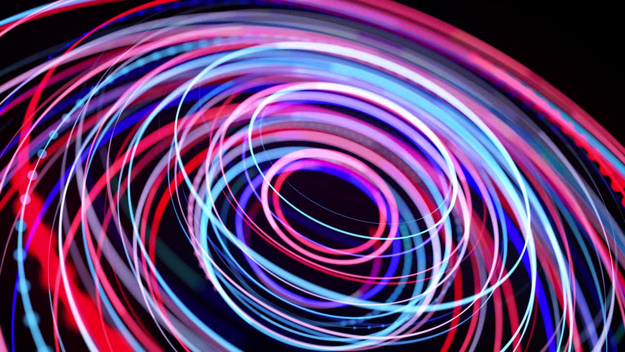 링 구조에서 빛의 흐름, 4k에서 bg, 빛의 흔적과 함께 추상적인 루프 배경, 공간 형태의 반지에서 빨간 파란 네온 라인의 흐름, 현대적인 트렌디 모션 디자인 배경, 빛의 효과