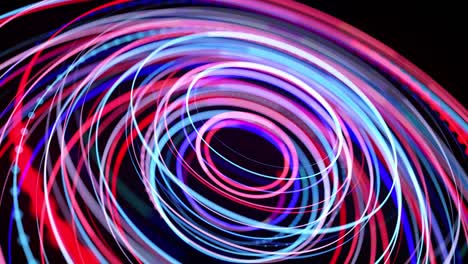 flujo de luz en la estructura de anillo, bg en 4k. fondo en bucle abstracto con senderos de luz, flujo de líneas de neón rojo azul en anillos de forma espacial. fondo de diseño de movimiento moderno de moda. efecto de luz,