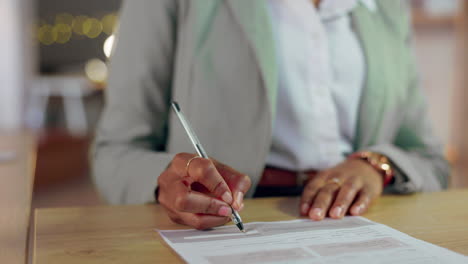 woman, hands and writing signature for business