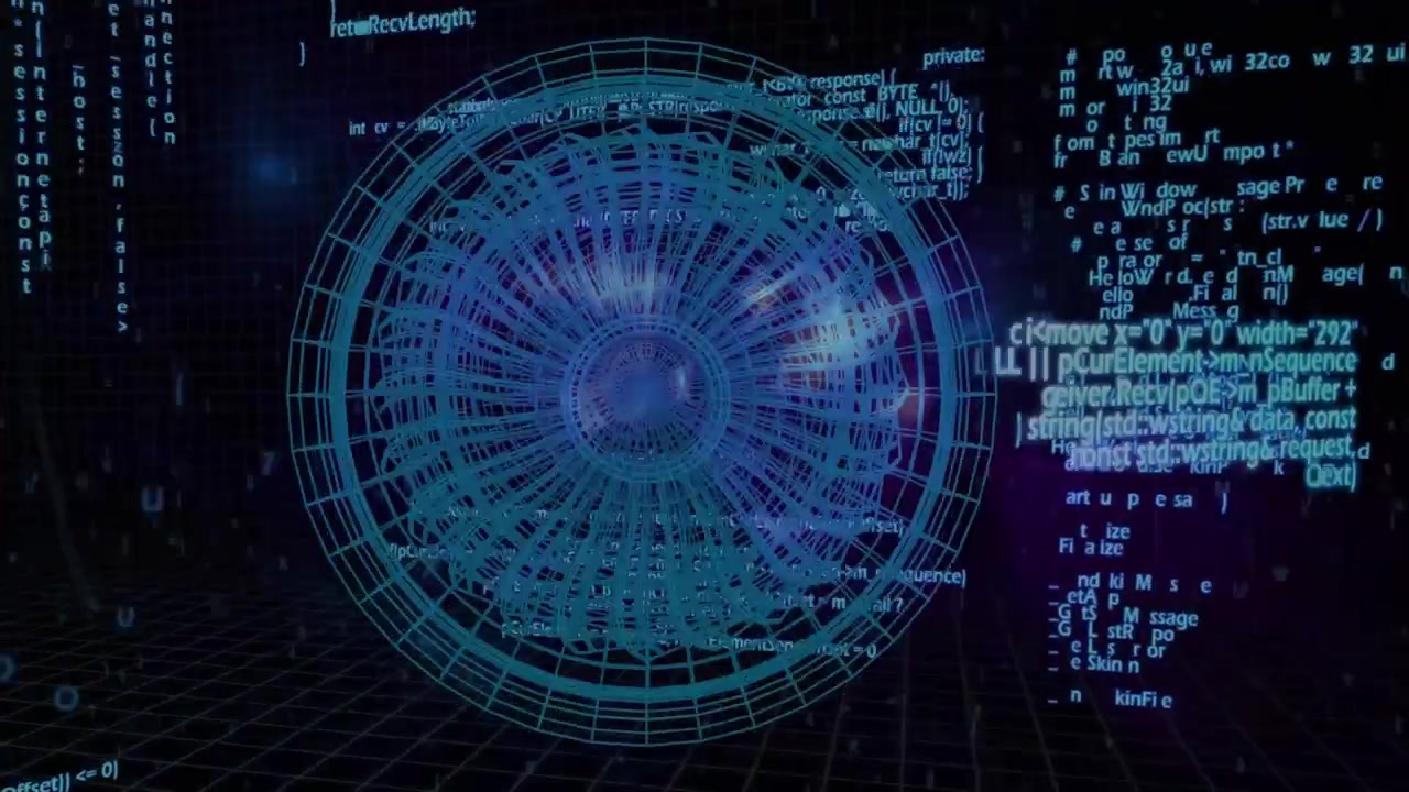 Animation of data processing and turbine rotating over black background