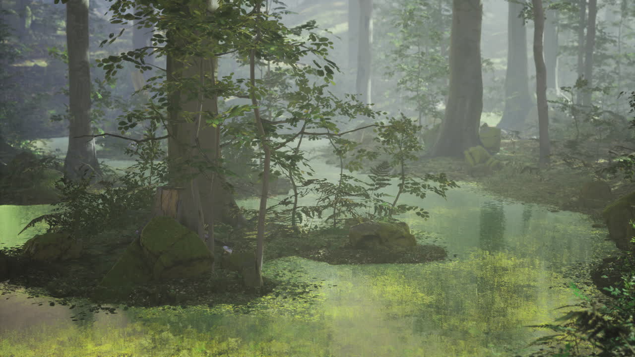 Tranquil forest glade with mist and lush greenery at dawn
