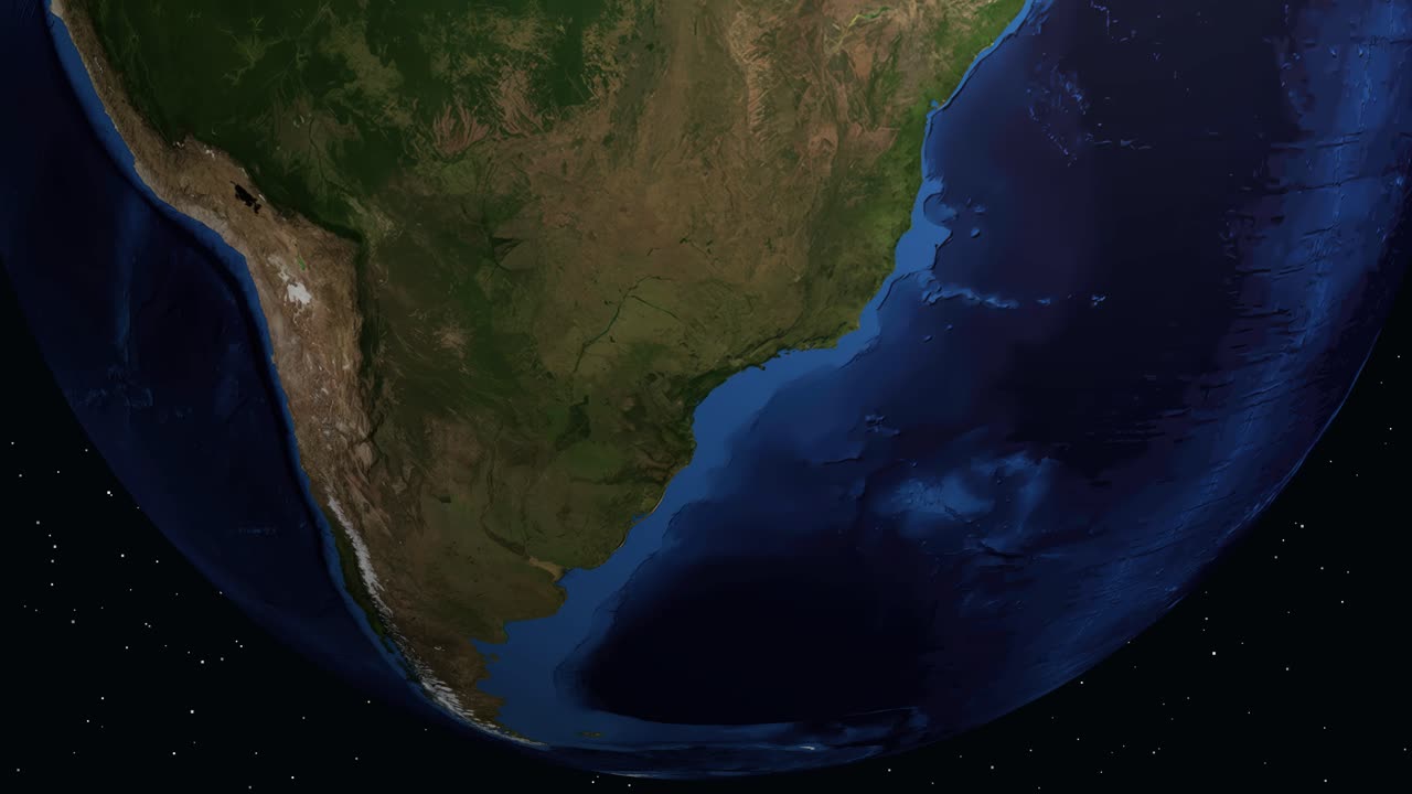 A digital animation zooms from outer space into a specific location in southern Brazil