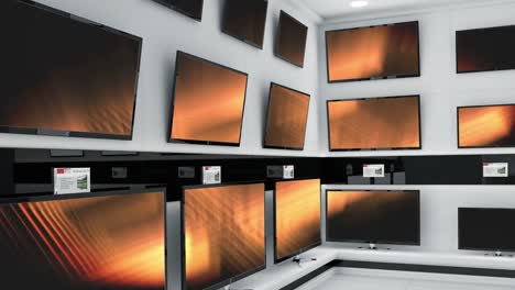 animation of rows of television sets with glowing orange screens in store