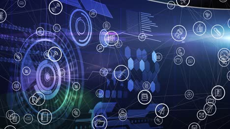 Animation-of-network-of-connections-with-digital-icons-over-data-processing-in-background