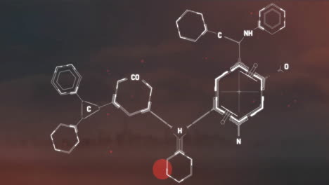 animación de procesamiento de datos y fórmula química sobre el paisaje urbano