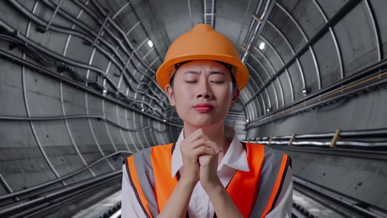 Close Up Of Asian Female Engineer With Safety Helmet Pray For Something In Underground Subway Tunnel