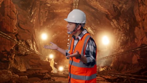 side view of wondering asian male engineer with safety helmet saying why working doubtfully in underground mine tunnel