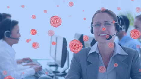 Animación-De-íconos-De-Rosas-Sobre-Diversos-Empresarios-Que-Usan-Auriculares-Telefónicos