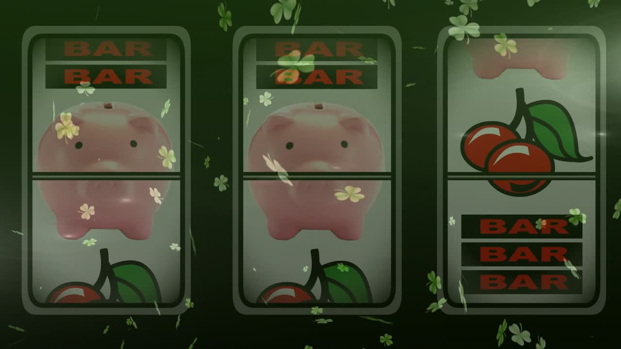 Three reels spinning on loop, shifting cherries, BARs and pigs showing outcomes with clover overlay