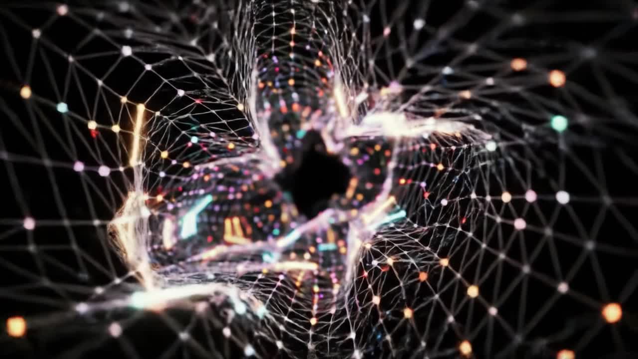 Mesmerizing Geometric Tunnel: A Visual Journey Through an Illuminated Web of Lights, Colors, and Intricate Patterns in a Surreal Digital Landscape