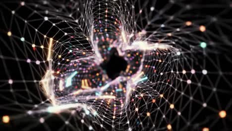 mesmerizing geometric tunnel: a visual journey through an illuminated web of lights, colors, and intricate patterns in a surreal digital landscape
