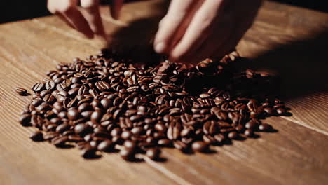 hands sorting and inspecting roasted coffee beans on a wooden table
