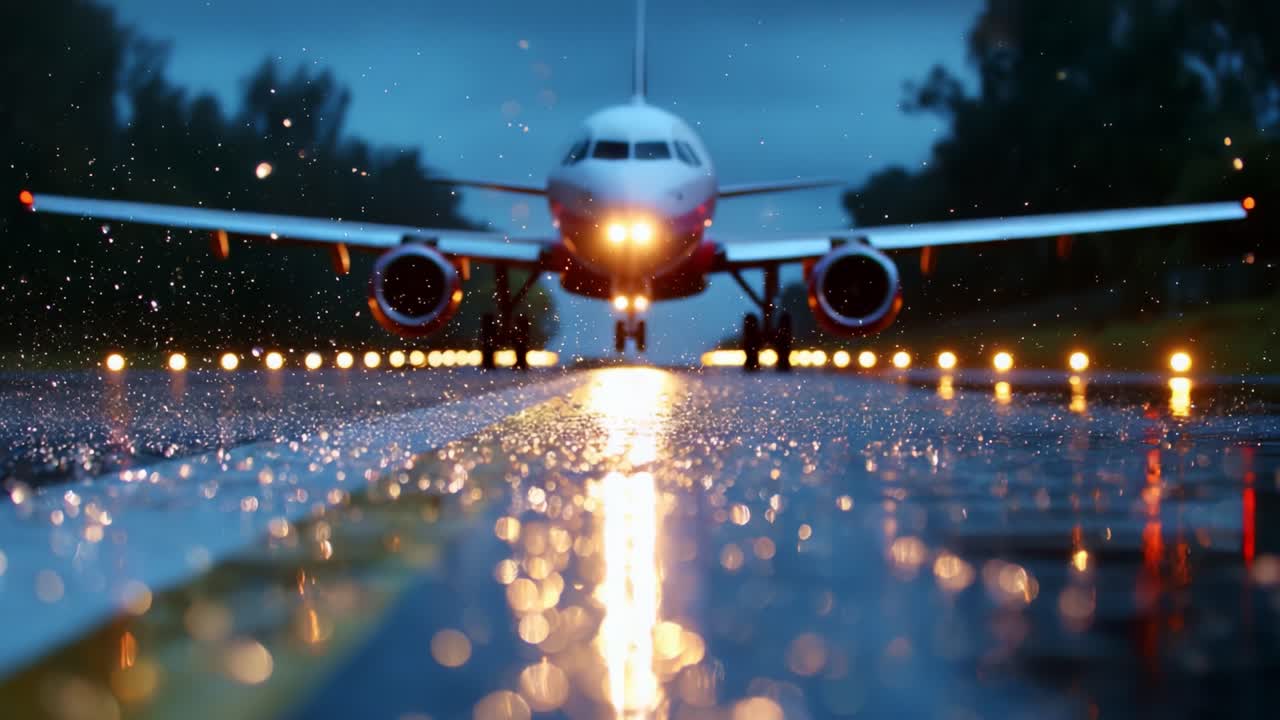 A Fascinating Nighttime View of an Aircraft Preparing for Takeoff on a Rainy Runway, Complete with Reflections and Raindrops that Add to the Atmospheric Ambiance of the Scene