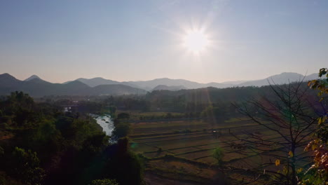 Aerial-Shot-Showing-Mountain-Landscape-of-Pai,-Thailand