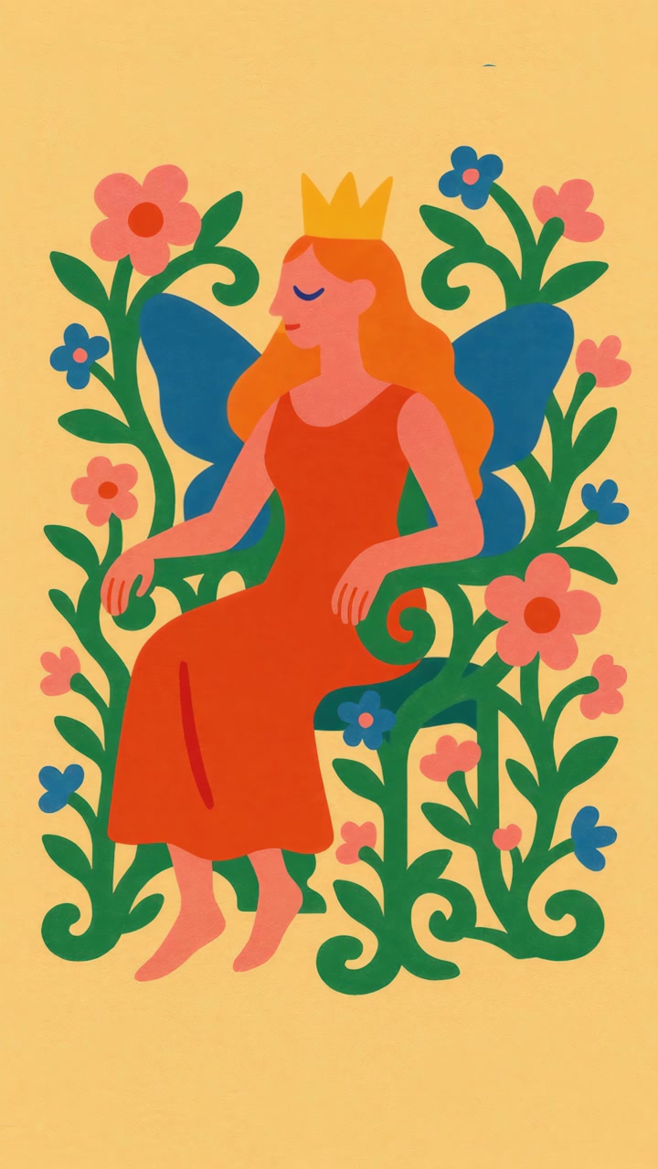 Illustrazione animata di una regina delle fate seduta su un trono floreale