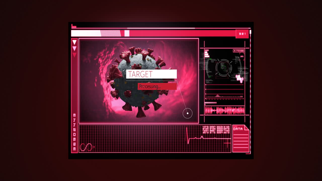 animación de células de covid 19 y procesamiento de datos médicos en pantallas