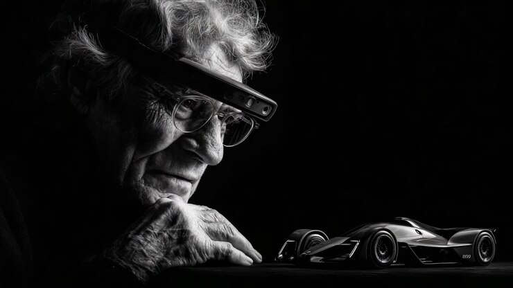 Un innovatore all'avanguardia che contempla il futuro del design automobilistico: un saggio anziano impegnato con un modello di auto da corsa elegante e futuristico in un'ambientazione drammatica in bianco e nero che mette in mostra innovazione e passione
