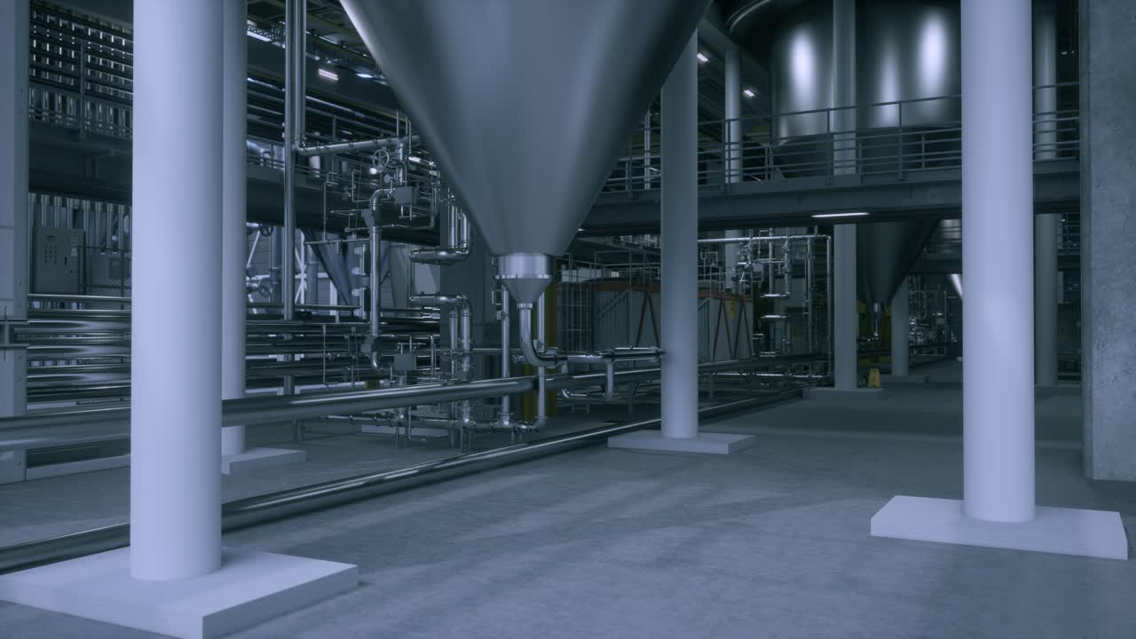 Industrial Fermentation Tanks And Piping In A Modern Brewery Or Chemical Plant