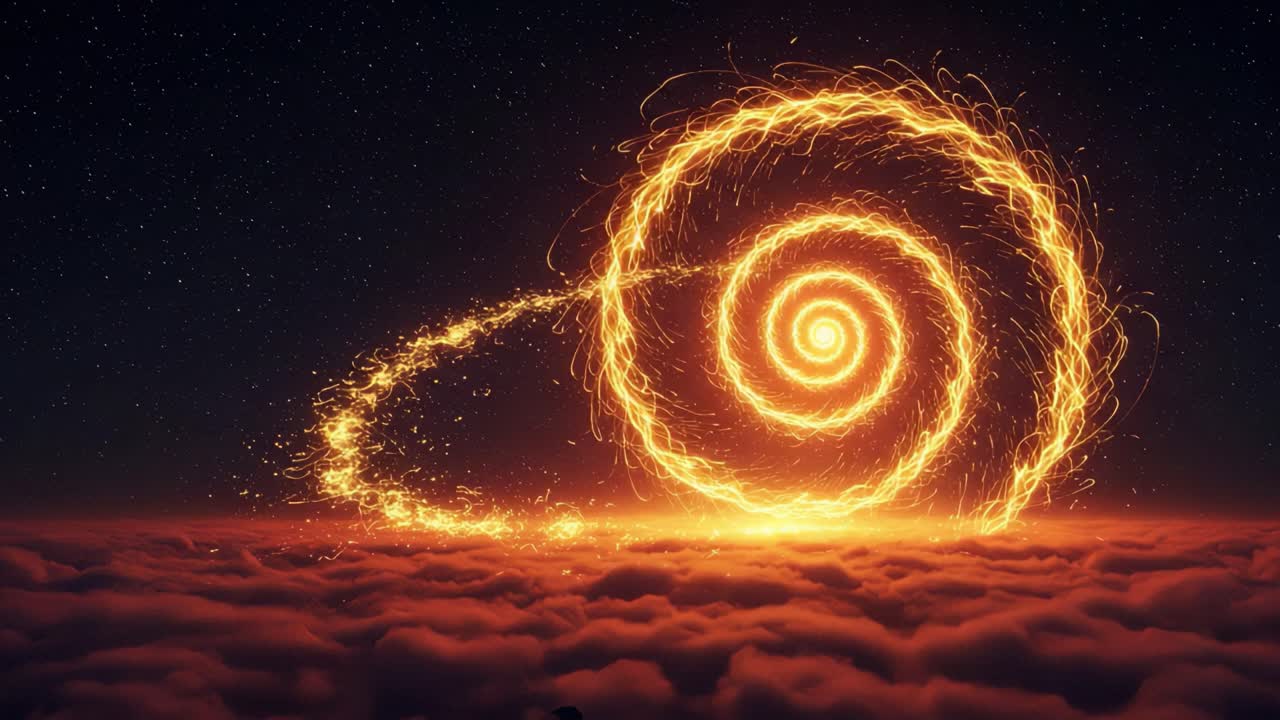 A Spiraling Glow: An Enchanting Display of Golden Light Creating a Stunning Spiral Motion Above the Clouds Under a Starry Night Sky