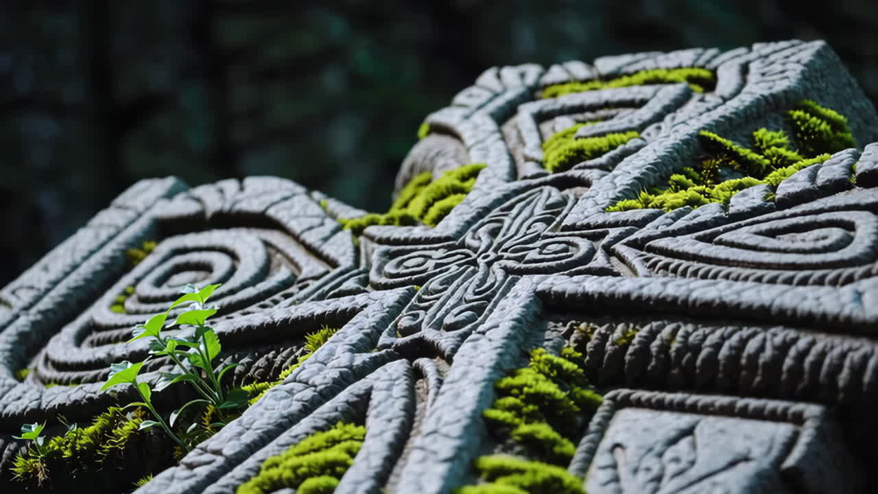 Ornate Stone Cross Covered in Moss