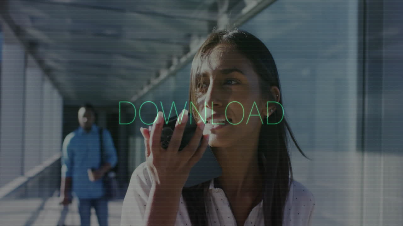 woman using smartphone mic in tech corridor, displaying neon-green download overlay