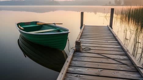 a serene morning on the water: a calm green boat docked at a wooden pier with misty reflections on the still lake surface