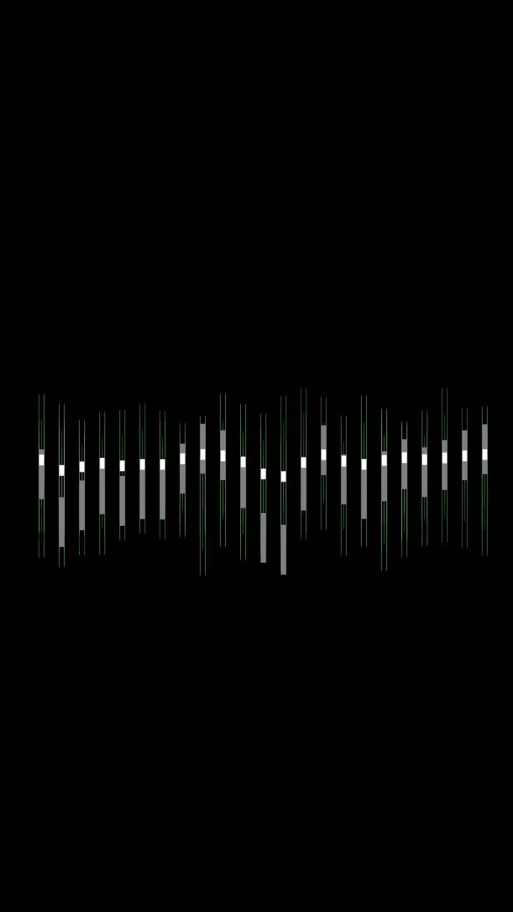Animation of green and white vertical bars moving, seamless loop for social media on black background