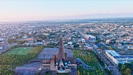 Basilica-Catedral-Nuestra-Senora-De-La-Altagracia-In-Higuey-And-Cityscape-At-Sunrise,-Dominican-Republic