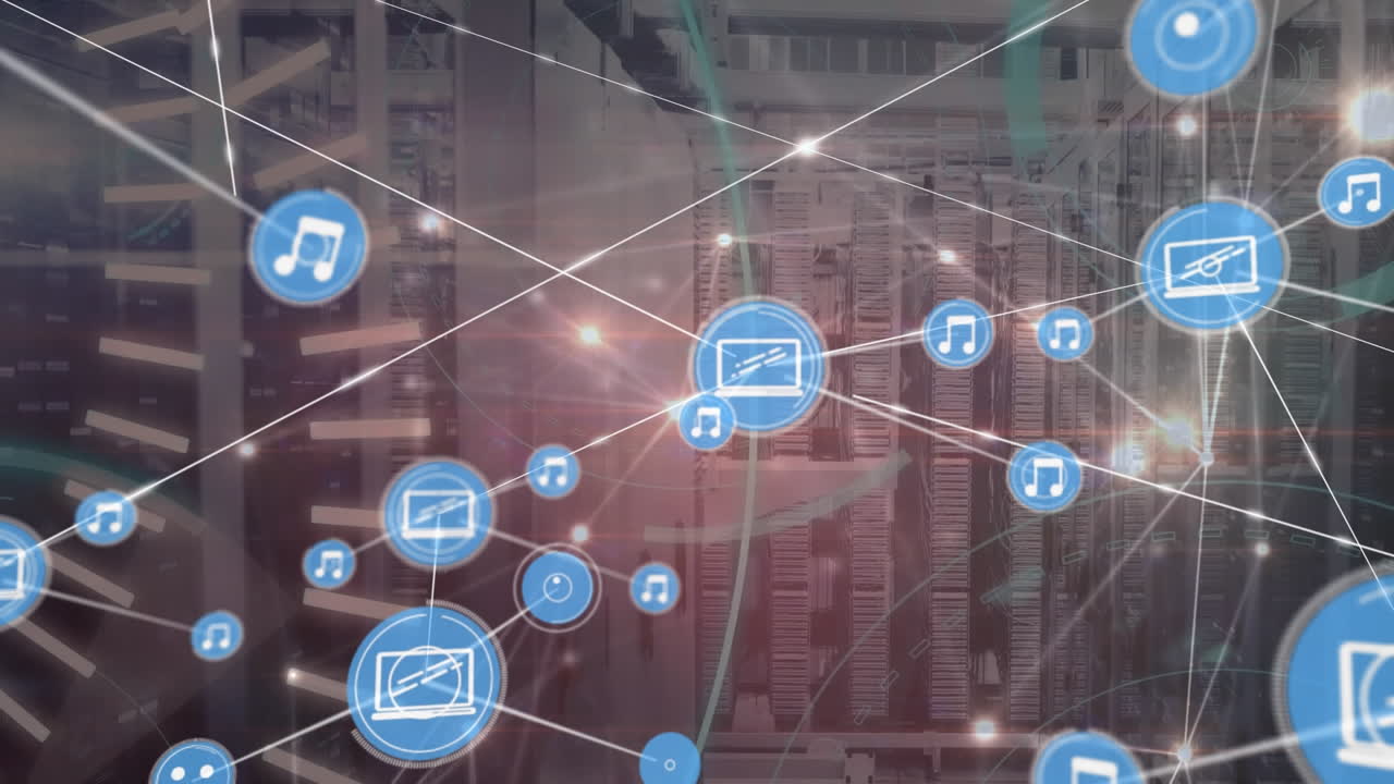 Animation of 5g text, connected icons, lines moving in circular motion, lens flare over server room