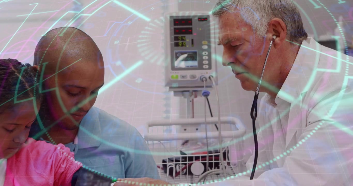 senior physician placing pressure cuff and measuring child's blood pressure with animated graphics