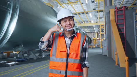 ingeniero en un entorno industrial haciendo un gesto telefónico