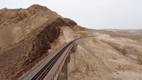 aerial slow slide drone shot of an empty train rail bridge, revealing a mountain and the desert in daylight