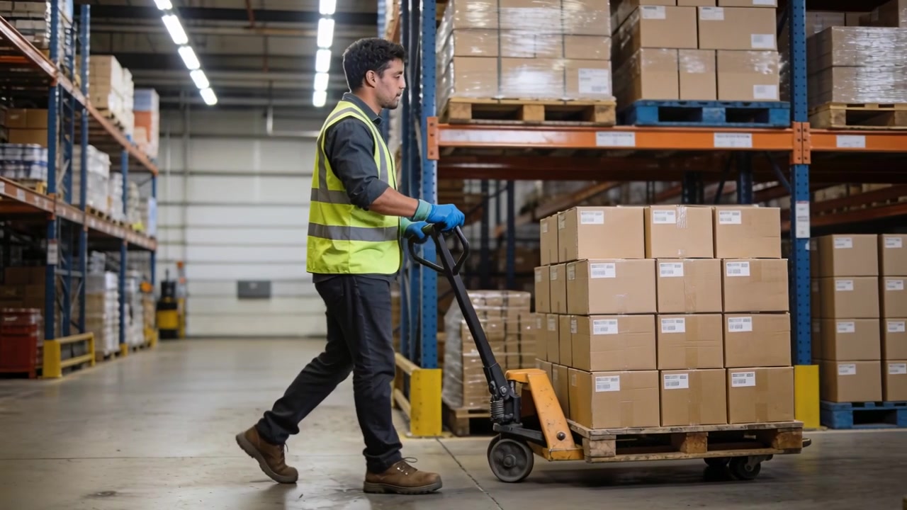 Un operaio con giubbotto ad alta visibilità afferra un transpallet, tirando un pallet carico lungo un corridoio di stoccaggio fino allo scaffale.
