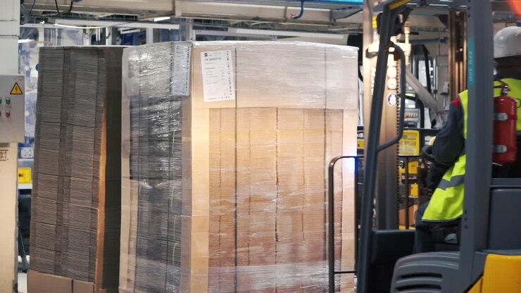 Operatore di carrello elevatore che carica scatole in una fabbrica