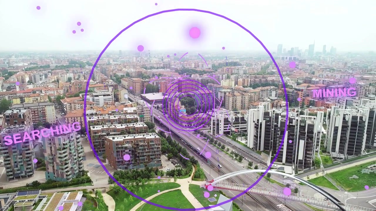 Faint purple HUD appearing over highway and park, forming rings and scanning adjacent blocks
