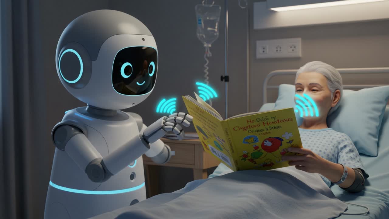 A Humanoid Robot Engages with an Elderly Woman in a Caring Hospital Setting, Reading a Children's Book to Brighten Her Day and Provide Companionship