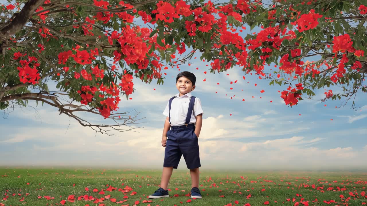 Young boy stands in a grassy field with his hands in his pockets, red petals falling around him from a vibrant flowering tree, creating a picturesque and serene scene