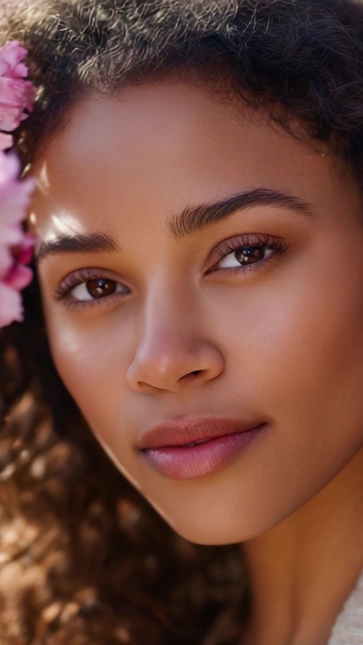 Ritratto accattivante di una giovane donna con bellissimi capelli ricci, circondata da fiori rosa, che emana bellezza naturale e grazia sotto una luce soffusa.