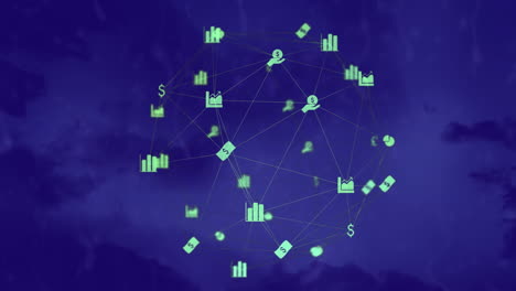animación de globo de iconos digitales girando contra tormentas eléctricas y nubes oscuras en el cielo