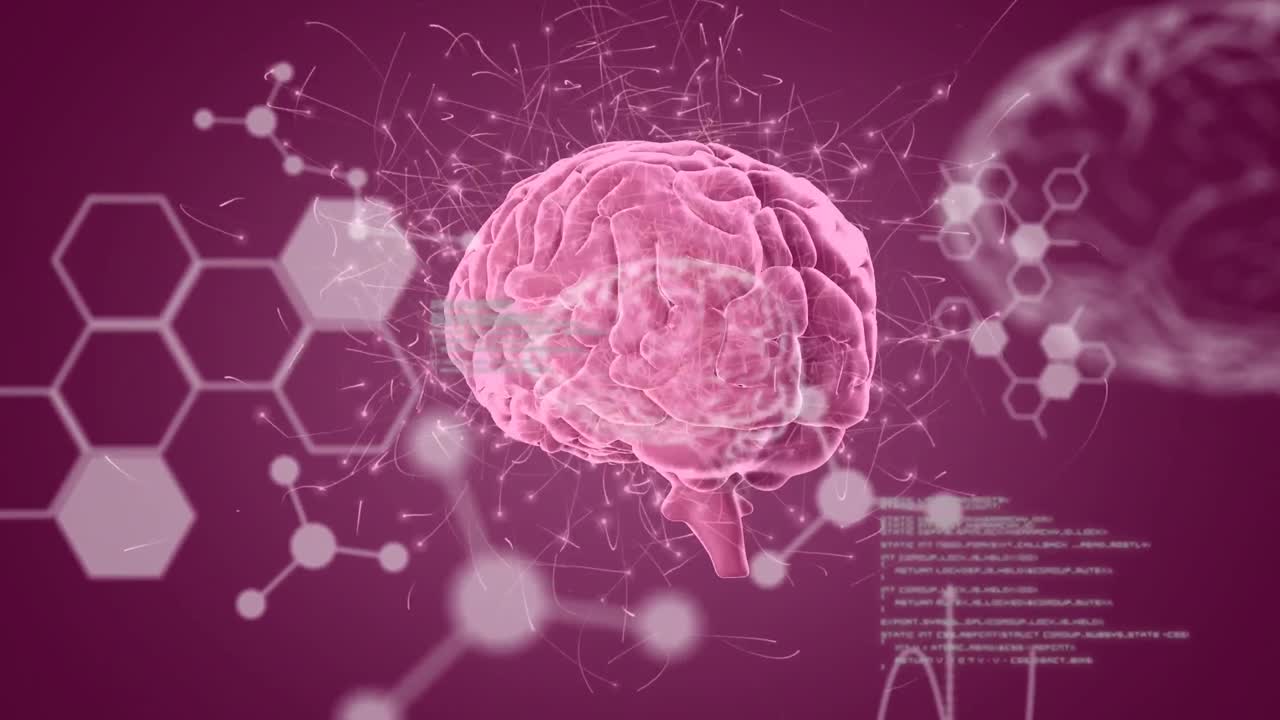 animación de fórmulas químicas y procesamiento de datos sobre conexiones cerebrales y neuronales rotativas