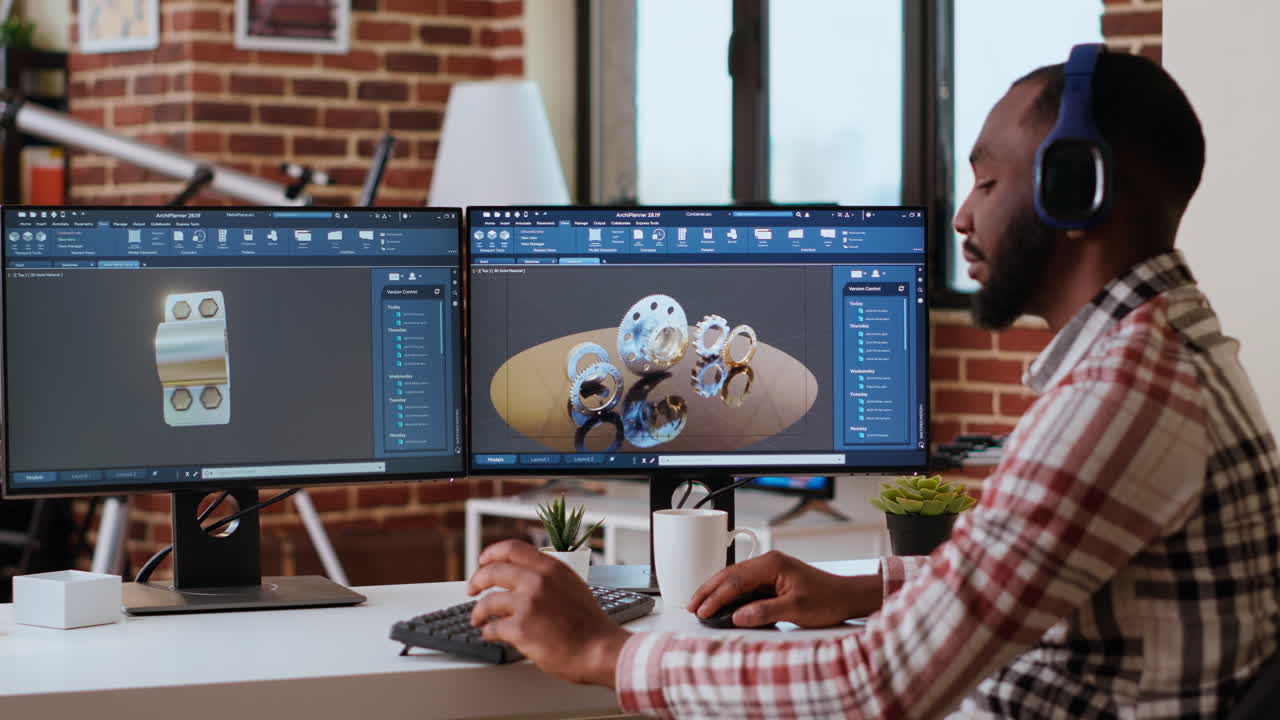 diseñador industrial afroamericano trabaja en software cad y escucha música