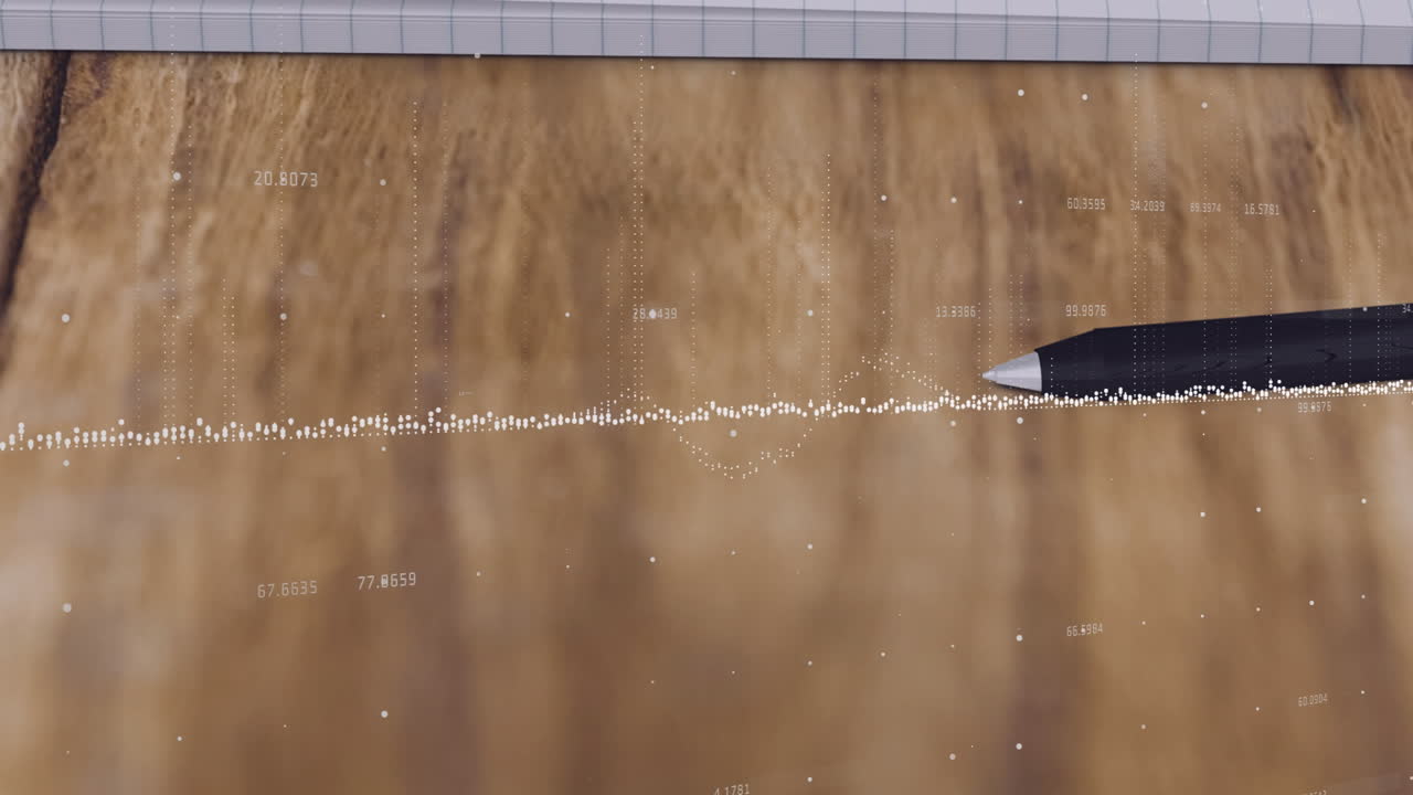 Data visualization being drawn over wooden desk, showing dotted line graph with pen tracing