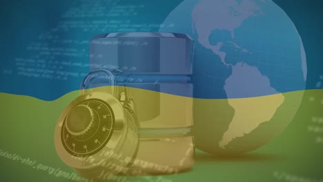 Animation-Der-Datenverarbeitung,-Safe-Und-Globus-über-Der-Flagge-Der-Ukraine