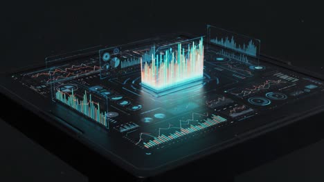 futuristic data visualization: an engaging display of interactive graphs and metrics on a high-tech interface, showcasing dynamic insights and analytics