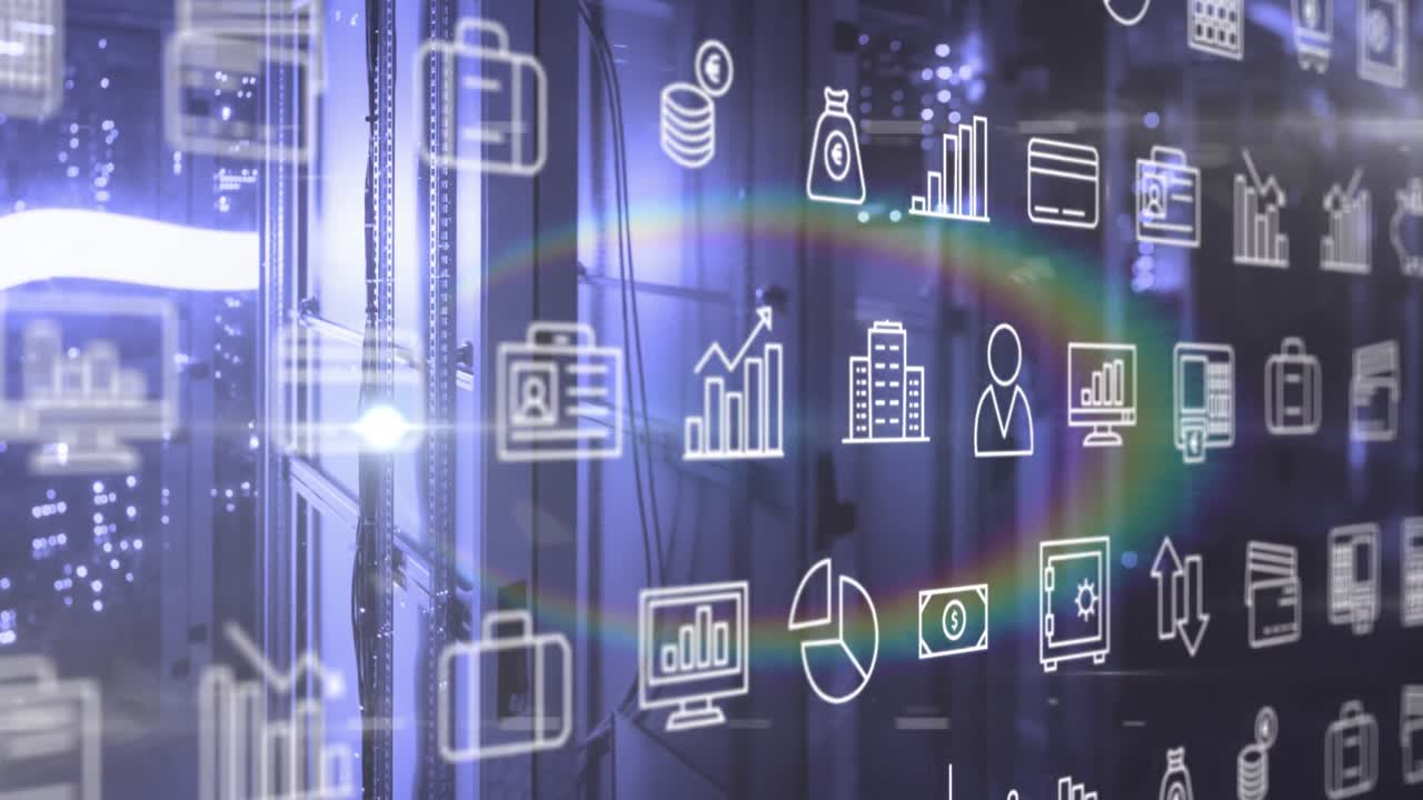 animación de múltiples iconos digitales y flash de lente arco iris contra la sala del servidor de la computadora.