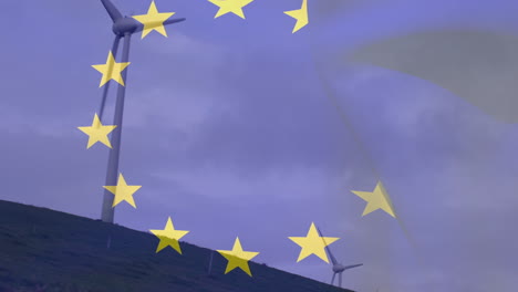 animation of flag of erupean union over wind turbine