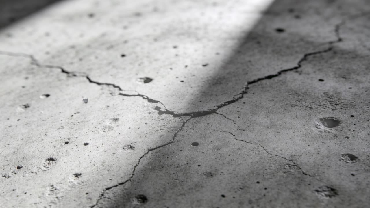 Diagonal shadow shifting across concrete slab from off-frame light, V-shaped crack, tie holes