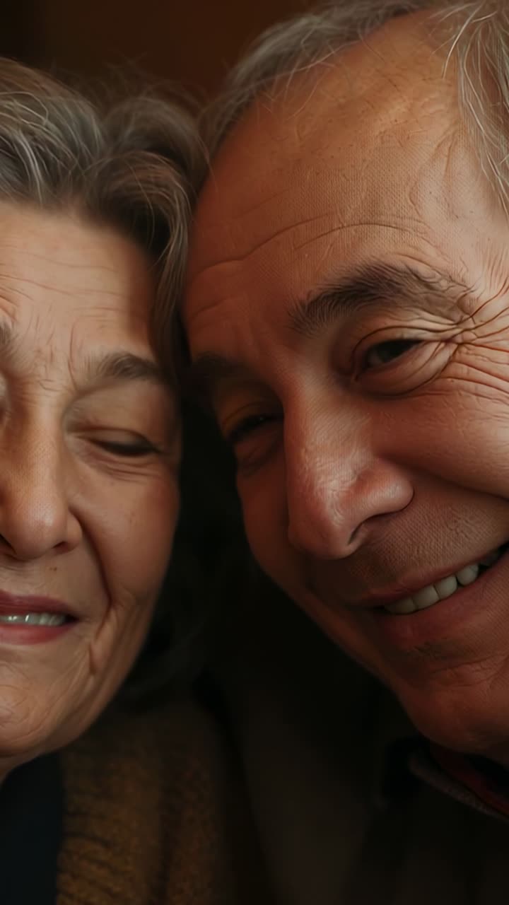 Vertical video: Posing senior pair leaning closer to camera at home for selfie, showing warm smiles