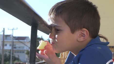 cute caucasian boy, eating apple at balcony on a sunny bright day