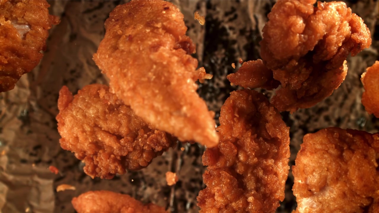 Trozos de pollo frito crujientes y dorados flotando en cámara lenta